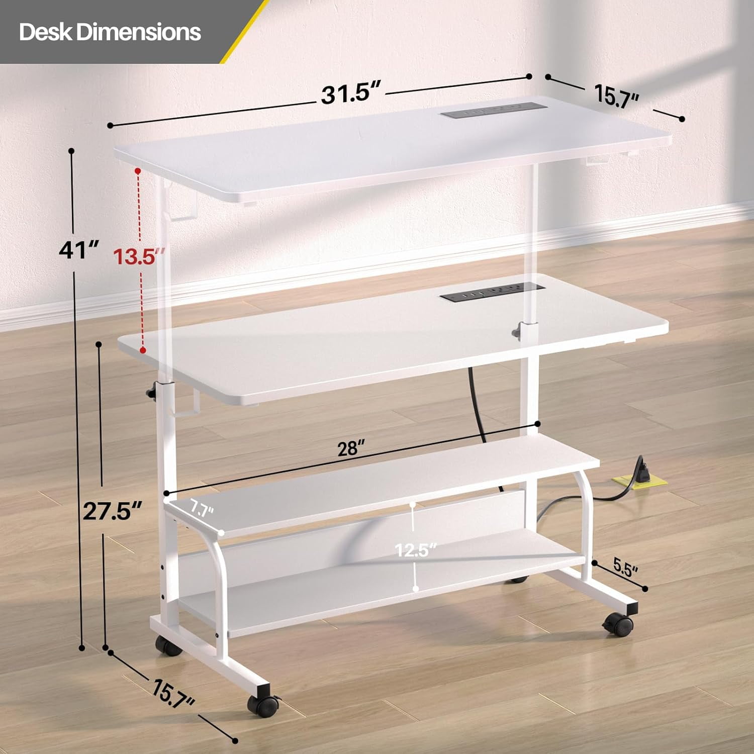 Homieasy Height Adjustable Standing Desk with Power Outlet & USB Ports, Max Height 41'', Small Mobile Computer Desk with Storage Shelves & Hooks, Portable Laptop Table for Home & Office, White