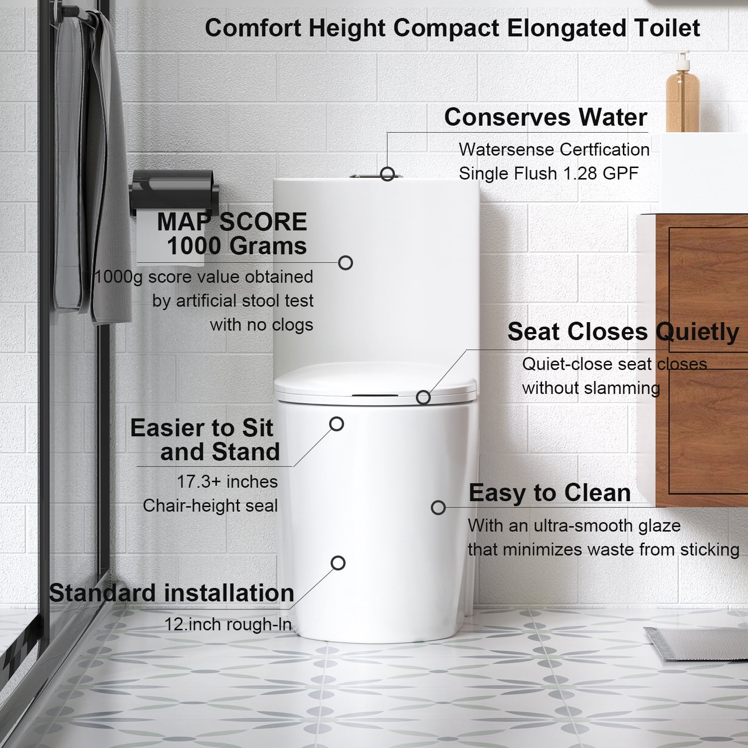 One-Piece Toilet for Bathrooms,Modern Toilet Elongated Bowl with Soft Close Seat,1.1/1.6 GPF,White