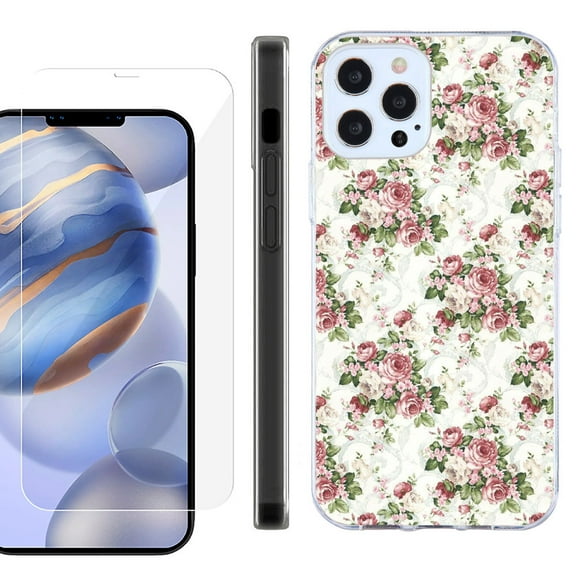 Slim Fit Protective Phone Case for Apple iPhone 12 / iPhone 12 Pro, with Tempered Glass Screen Protector, by OneToughShield ® - Floral/Rose