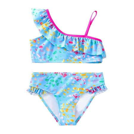 Toimothcn Girl s Swimsuit One Shoulder Casual Dot Printed 2 Piece Bikini Set Quickly Dry Cover Up Swimwear Suitable For Beach Seaside