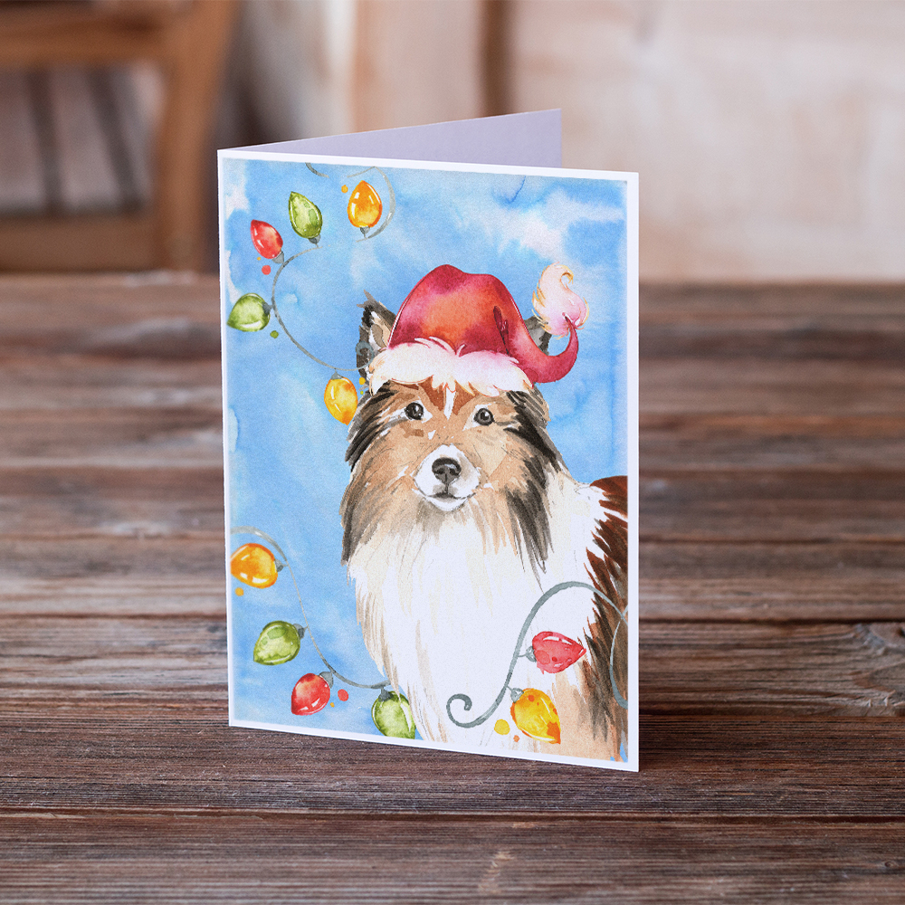 Christmas Lights Sheltie Greeting Cards and Envelopes Pack of 8
