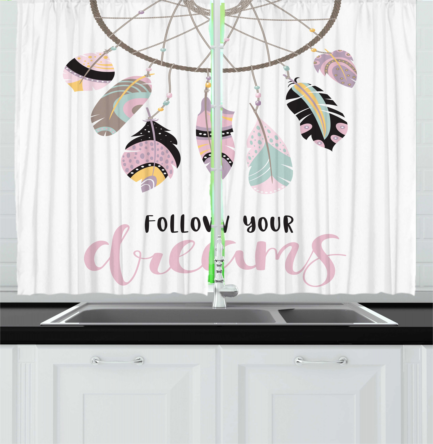 Dream Curtains 2 Panels Set, Ethnic Design with a Dreamcatcher and Motivational Quote Boho Style Feathers Artwork, Window Drapes for Living Room Bedroom, 55'W X 39'L,Multicolor, by Ambesonne