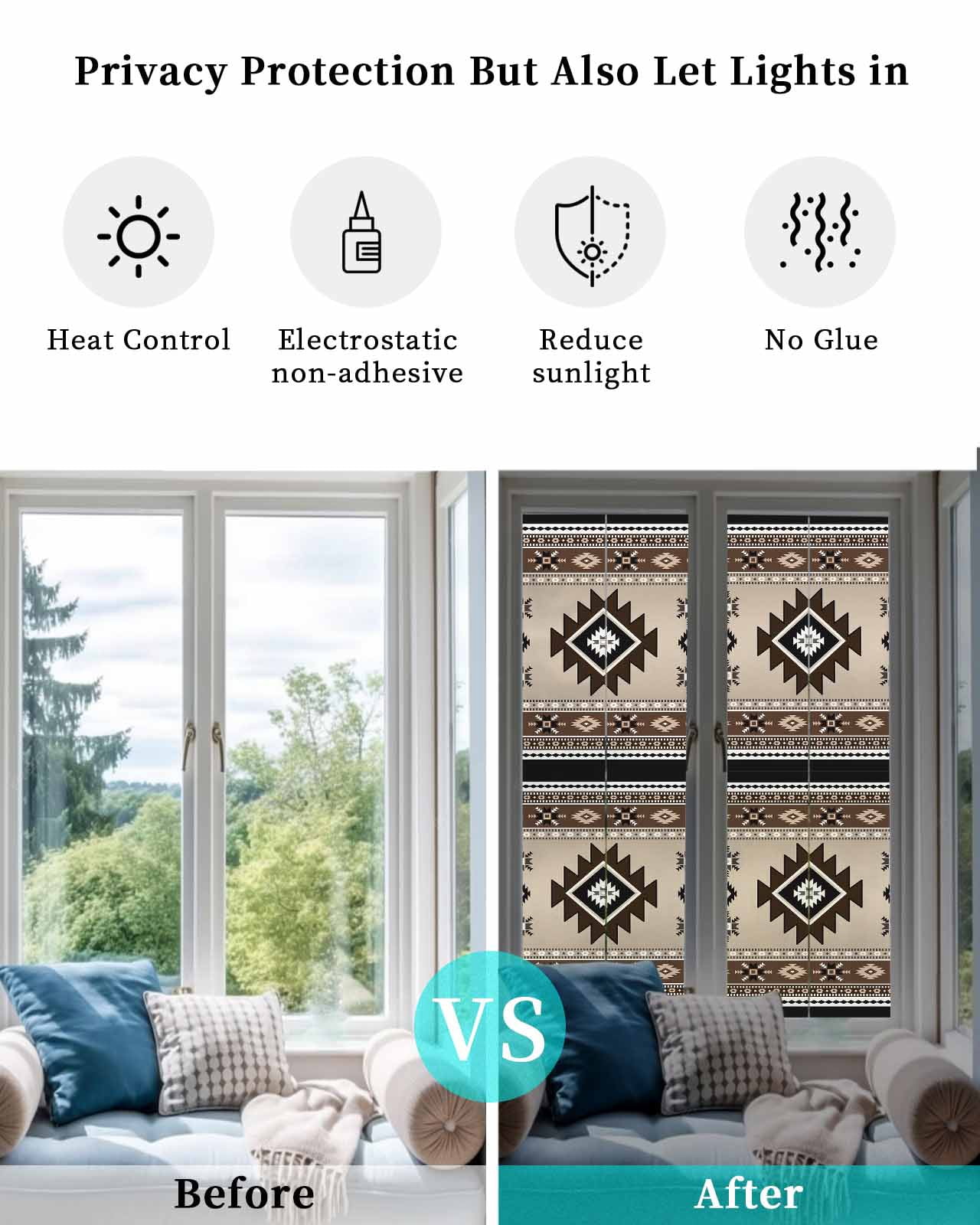 Window Privacy Film Brown Aztec Stained Glass Window Film Decorative Sun Block Window Cover Boho Southwest Ethnic Neutral Motifs Window Clings Static Adhesive Sticker for Bathroom 29.5"x118"