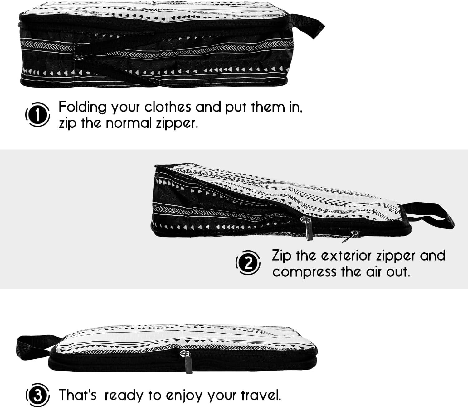 6 Set Compression Packing Cubes for Travel,Bohemia Packing Cubes for Suitcase Luggage Organizer Bags,Travel Essentials for Carry on Backpack,Ultralight and Waterproof(Modern Boho Geometric Black)