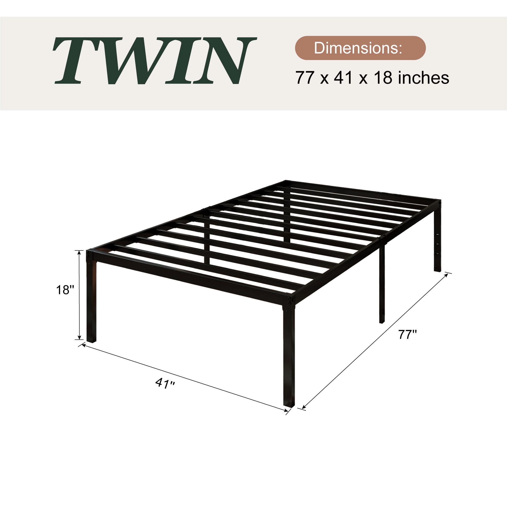 Amolife Heavy Duty Twin Size 18'' Metal Platform Bed Frame with Ample Under Bed Storage Space, Black