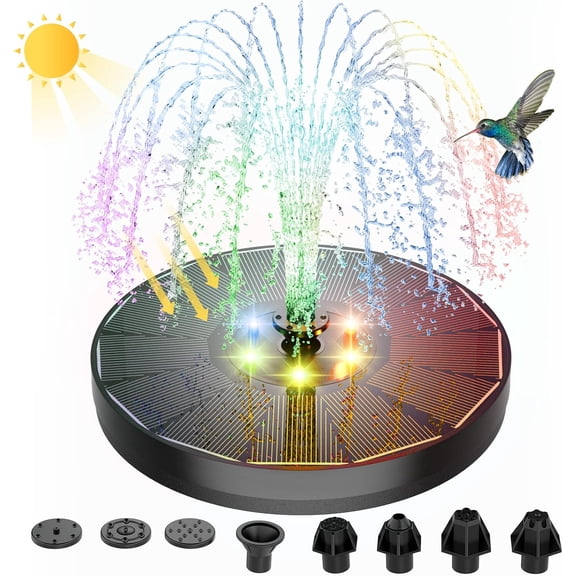 Solar Fountain, Powered Water 4W Pump for Bird Bath with Color LED Lights, 7 Nozzle and 4 Fixer Hummingbird Garden, Pond, Pool, Fish Tank, Black