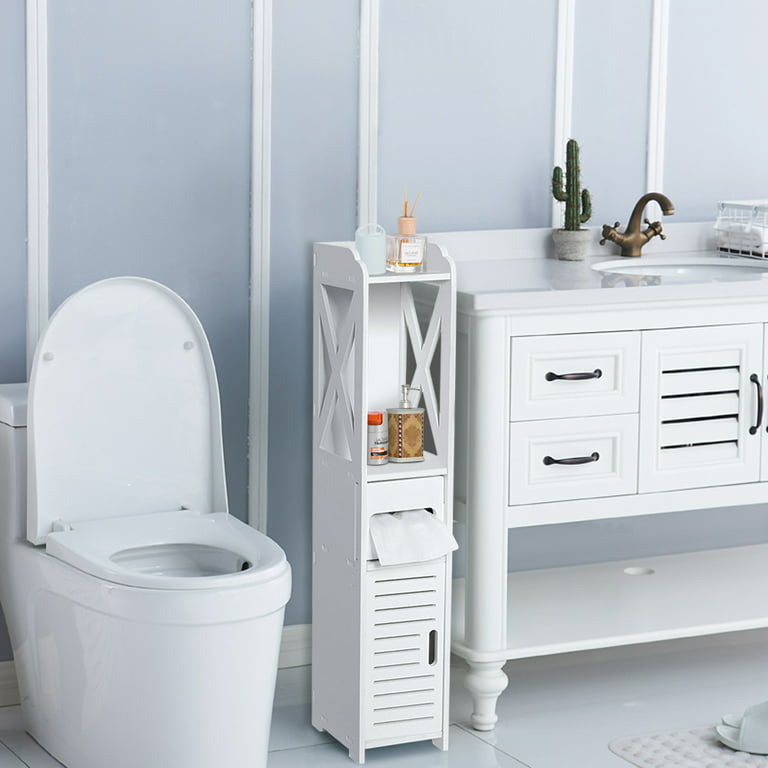 Rukulin Wooden Toilet Paper Holder Stand Cabinet Bathroom Storage Cabinet  Corner Floor Standing Cabinet Shelf with Door(White)