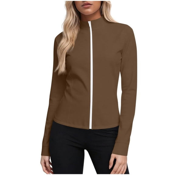 Lpmadey Women's Full Zip Long Sleeve Athletic Jacket - Slim Fit Stand Collar Sun Protection Outerwear, Casual Sport Coat