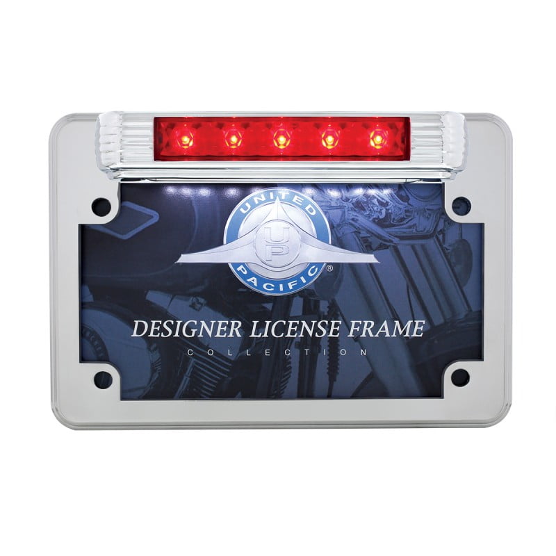 Motorcycle Chrome Art Deco Red LED Brake Light License Plate Frame