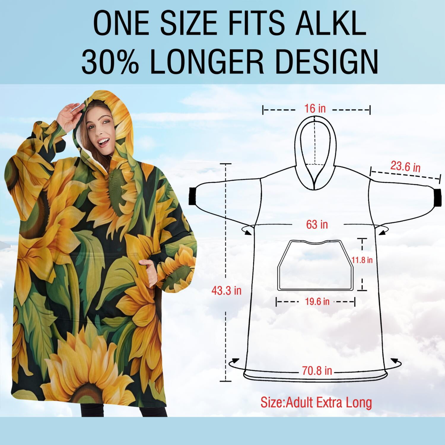 Oversized Wearable Blanket Hoodie,Dark Green Sunflower Pattern Sherpa Blanket Hoodie with Super Pockets,Super Warm Fuzzy Pullover for Women & Men