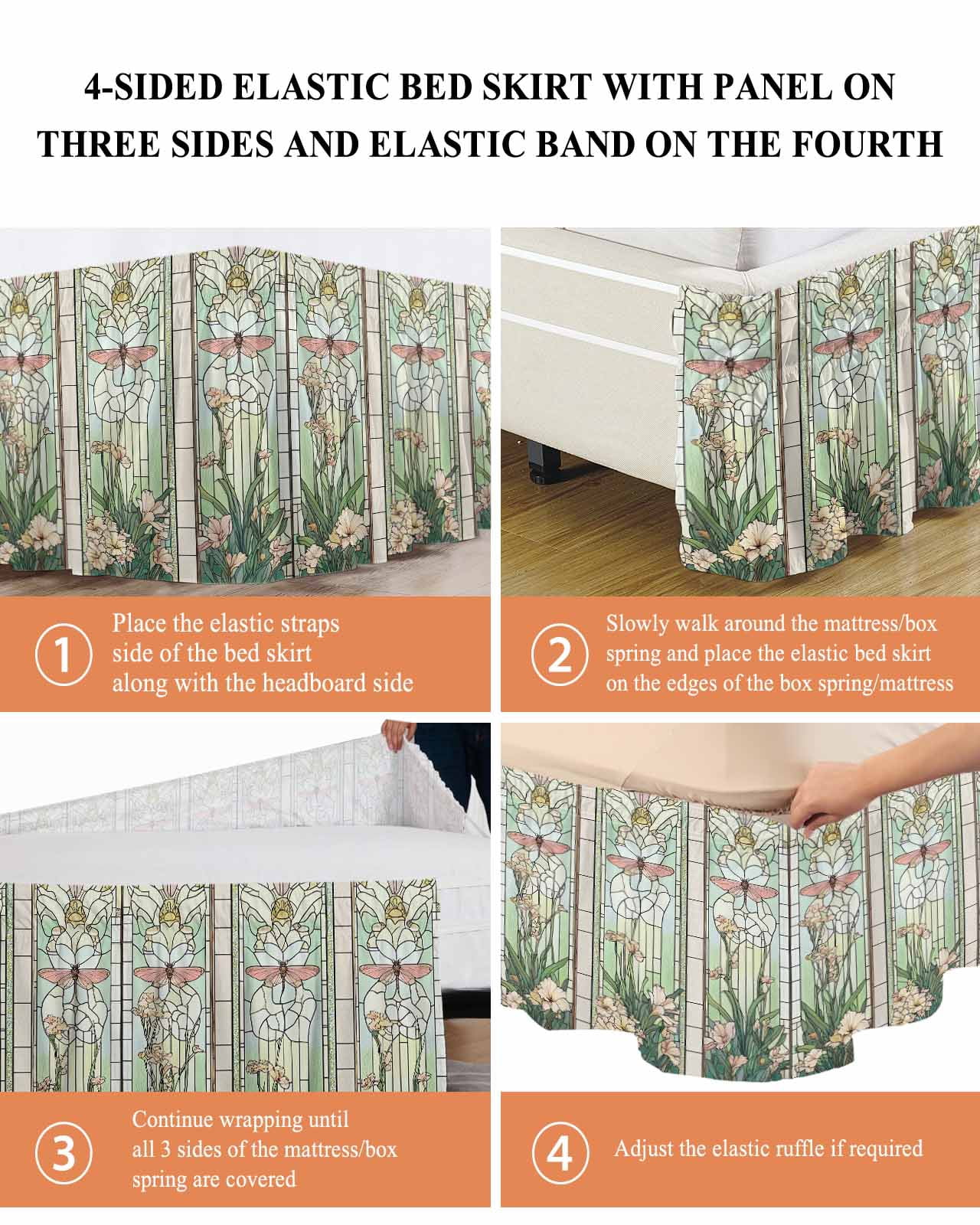 Green Vintage Stained Glass Bed Skirt Flowers Butterfly Bed Skirts Queen Size 16 Inch Drop, Wrap Around Dust Ruffle&nbsp;Bedskirt with Adjustable Elastic Belt for Queen Size Beds