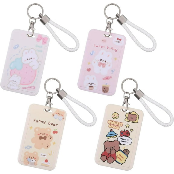 4pcs Cartoon Photocard Holder with Keychain ID Card Holder Bus Card Pendant Keychain Protective Photo Sleeves Colorful