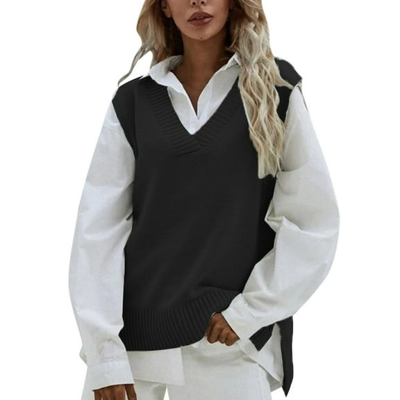 oqasdz Sweaters for Women Sleeveless Deep V Neck Ribbed Knit Split Pullover Sweater Vest Thin Comforable Blouse Top Casual Versatile