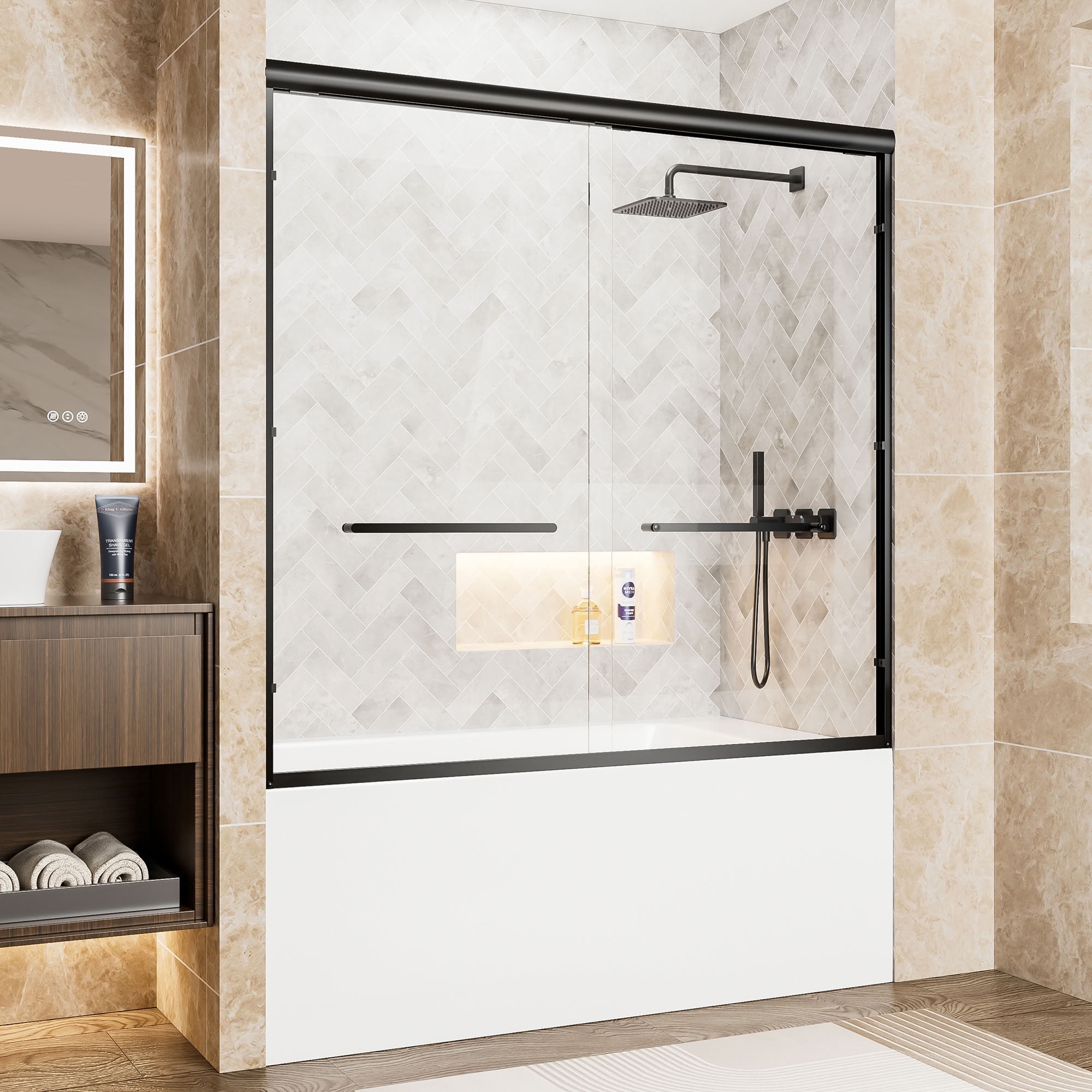 MAYEERTY Double Sliding Bathtub Door, Matte Black Aluminum Frame, Soft-Close Function, 1/4" Tempered Glass with Explosion-Proof Film, Waterproof