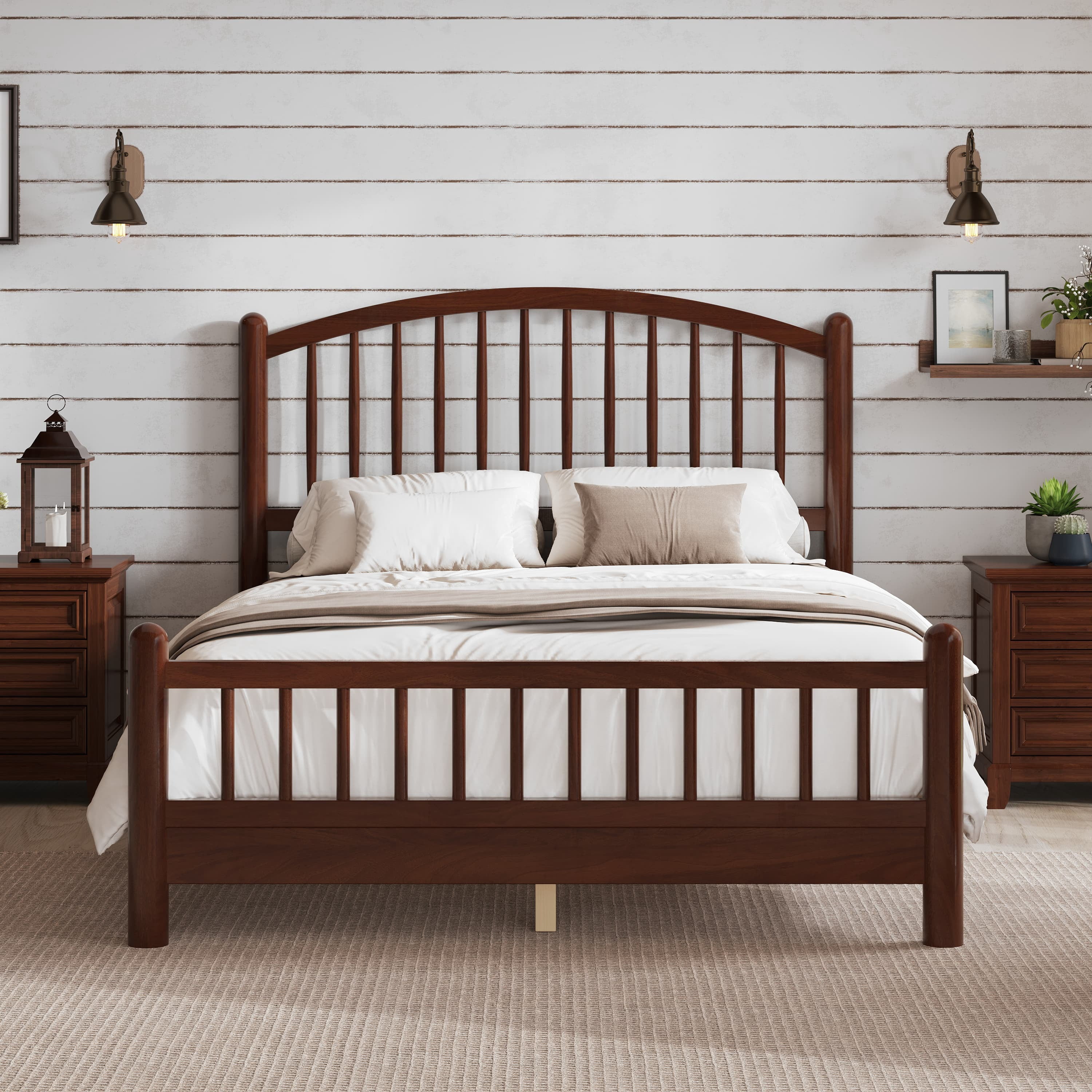 Euroco Full Size Wood Platform Bed with Arched Headboard, No Box Spring Needed, Espresso