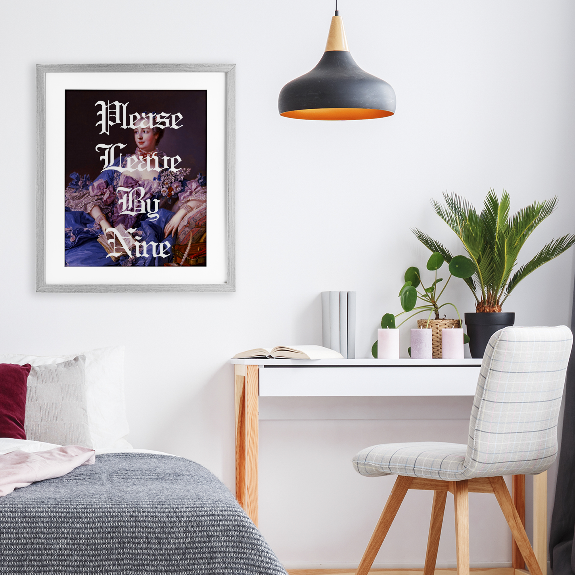 Please Leave By Nine Gray Framed Print Under Glass, design by Lil' Rue