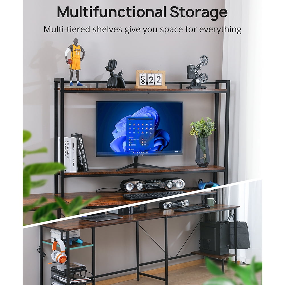 Resenkos 94.5” Computer Desk Console Table, Two Person L-Shaped Gaming Desk Office Desk with Outlets and USB Ports for Home Office, Adjustable Shelf, Brown