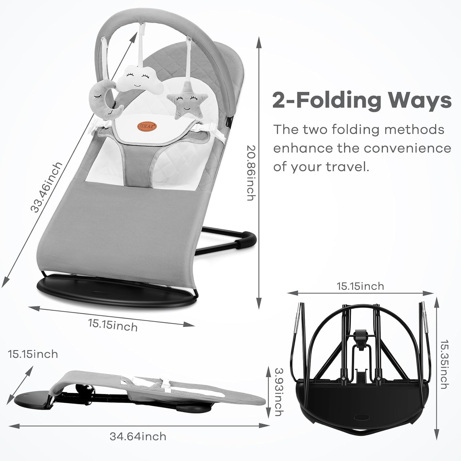 Baby Bouncer,2-in-1 Convenient,Lightweight Adjustable Rocker or Fixed,Cotton,for 0-18 Months-Light Gray