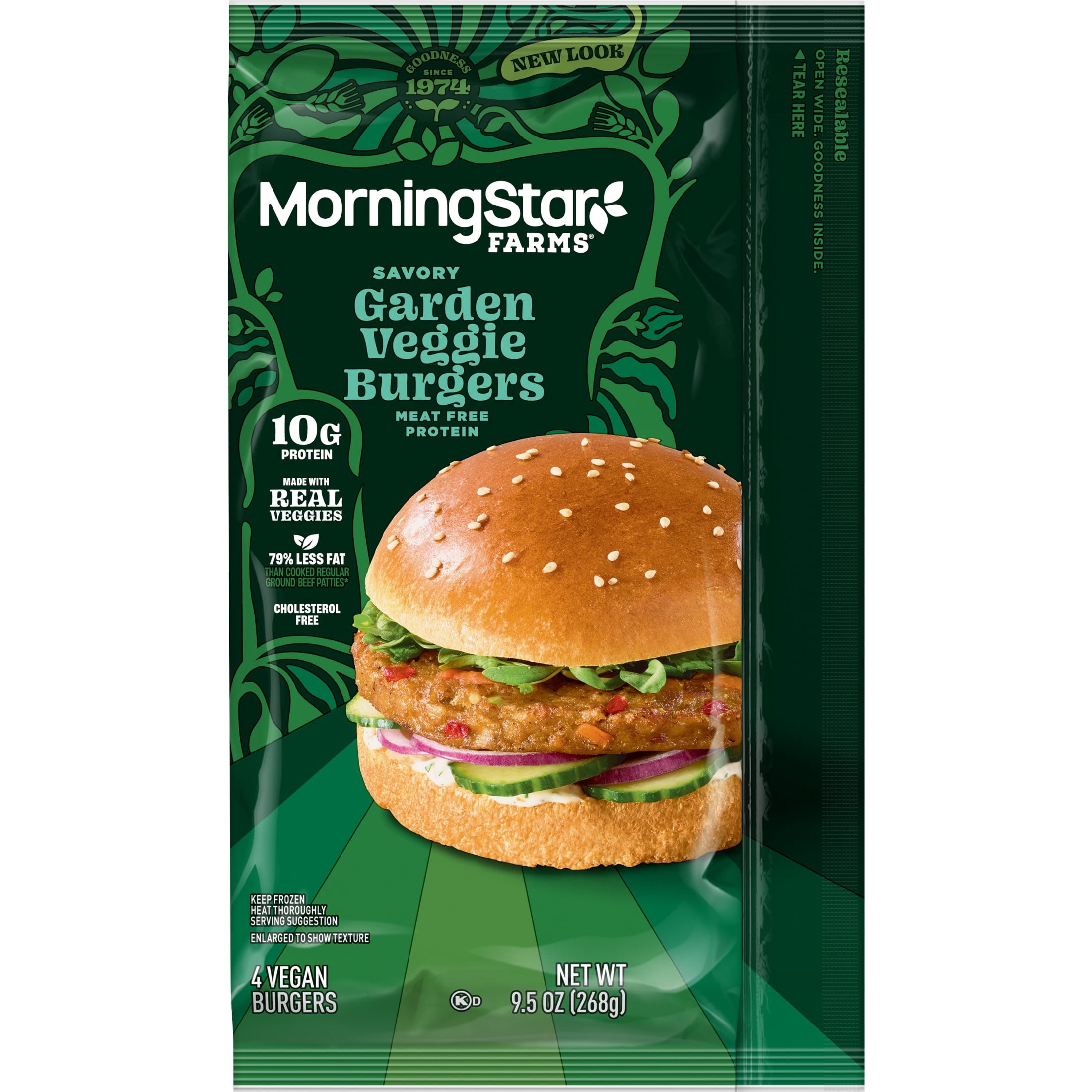 MorningStar Farms Savory Plant Based Garden Veggie Burgers, Vegan, 9.5 oz, 4 Count (Frozen), Regular
