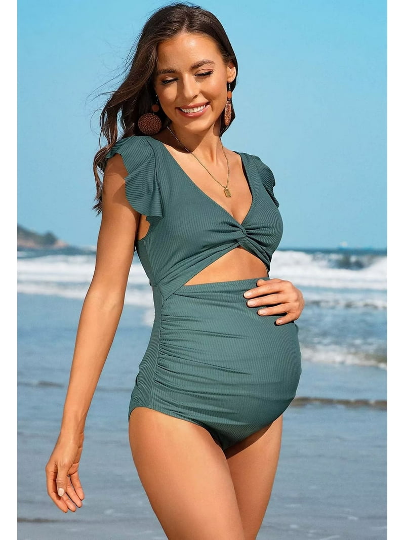 maternity dress bathing suit Charmo Swimsuits Two Piece High Waist Maternity Bikini Set V Neck Pregnancy S Black Adjusted thick and wide halter neck strap provide chest support Momo Maternity Bathing Suit UPF