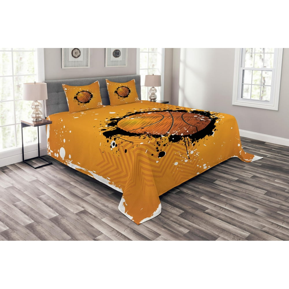 Basketball Bedspread Set King Size, Basketball and Paint Splashes on