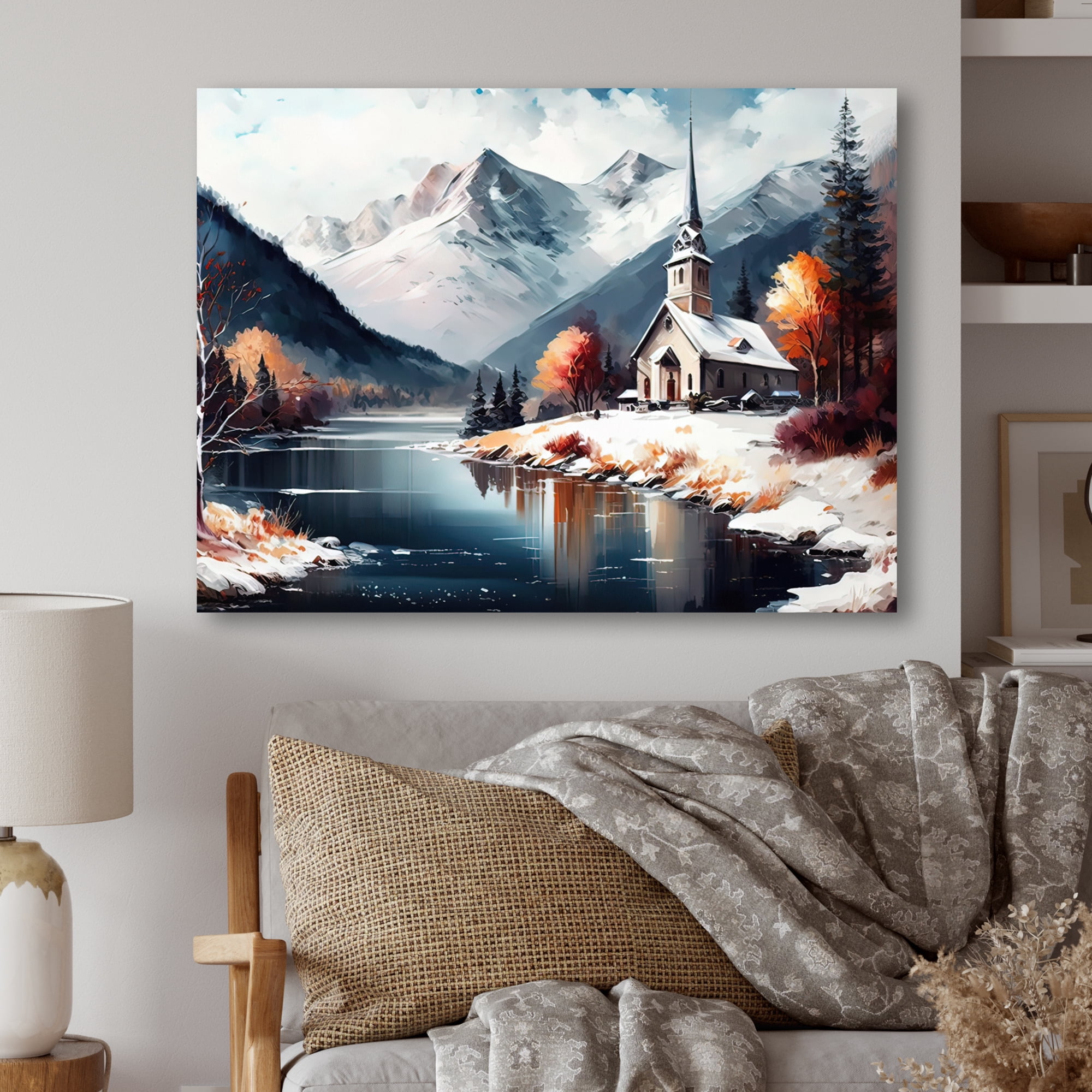 Designart Church On A Lake In Winter I Canvas Wall Art