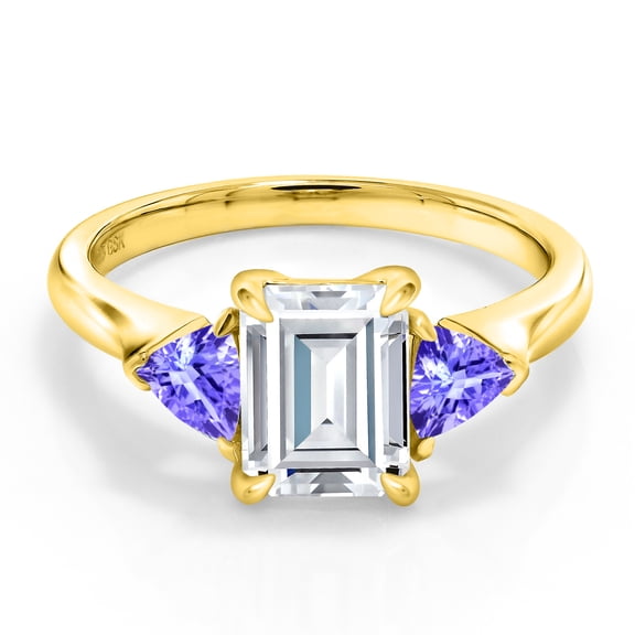 Gem Stone King 18K Yellow Gold Plated Silver White Moissanite and Blue Tanzanite 3-Stone Ring for Women (2.09 Cttw, 8X6MM Emerald Cut and 3.5 Trillion, Gemstone Birthstone, Size 8)