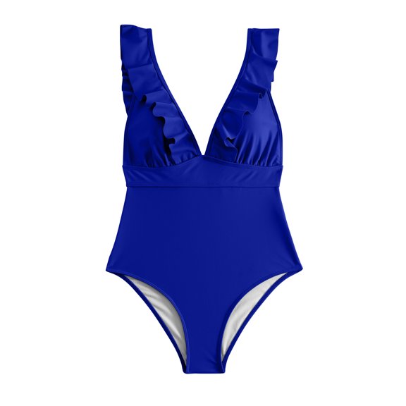 Yuanlook Swim Suits for Womens Ruffled One Piece Swimsuit V Neck Lace Up Tummy Control Swimsuits for Beach Vacation Pool,Blue,L