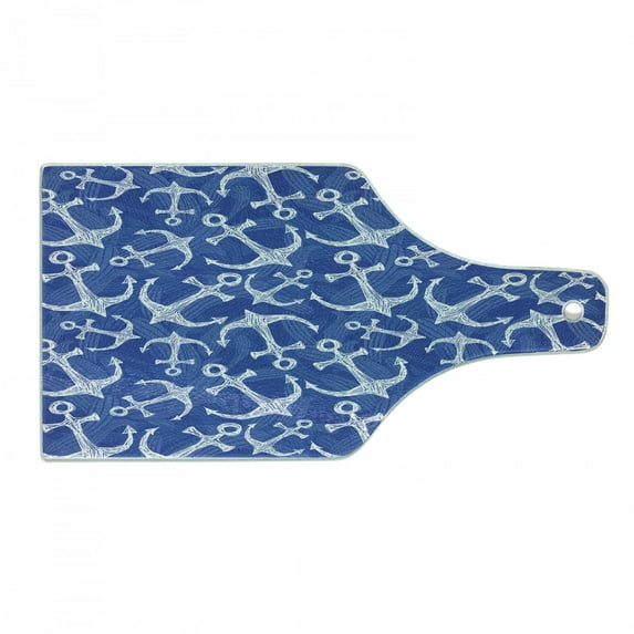 Anchor Cutting Board, Sea Anchor with Weird Modern Lines Marine Life Equipments Sailing Hope Image, Tempered Glass Cutting and Serving Board, Wine Bottle Shape, Azure Blue White, by Ambesonne