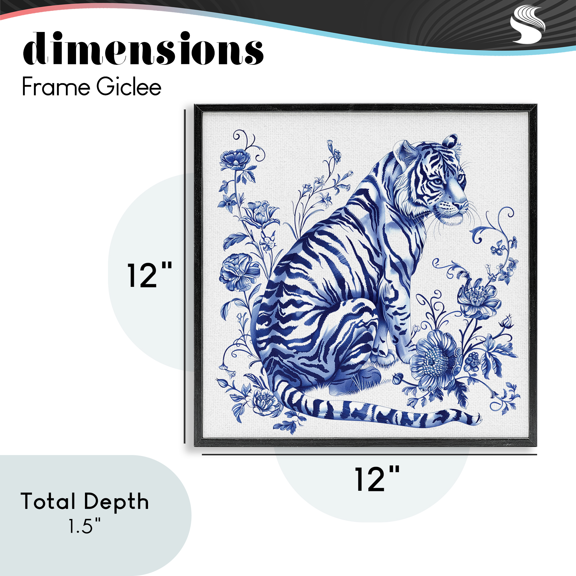 Traditional Ornate Floral Tiger Black Framed Giclee Art, design by Lettered and Lined