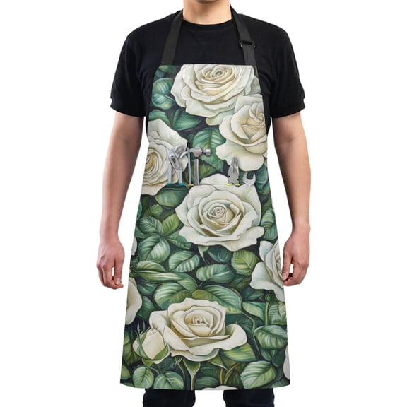 White Roses and Green Leave Chef Kitchen Apron with Pockets for Women Waterproof Aprons for Cooking Baking