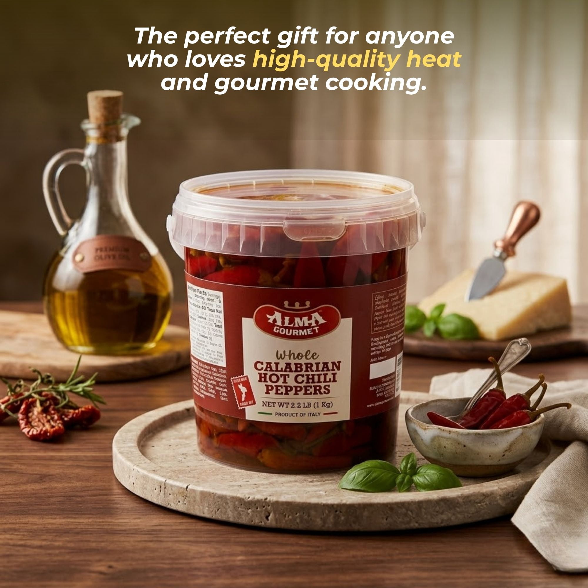 Alma Gourmet Whole Calabrian Chili Peppers in Oil, 2.2 lb (1 kg) Food Service Bucket, Hot Italian Peppers, Imported from Italy, No Major Allergens
