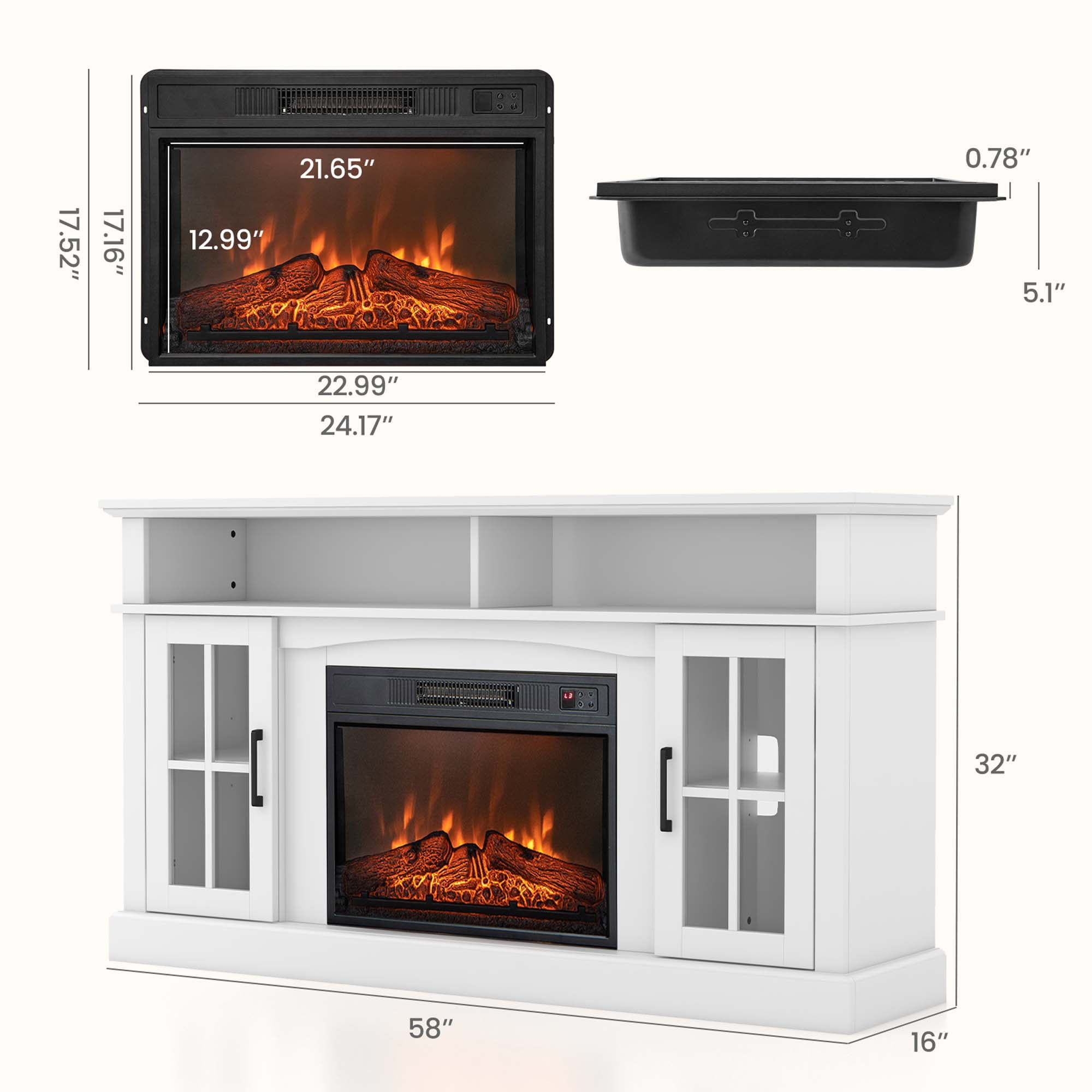 Costway 58" Fireplace TV Stand with 1400W Electric Fireplace for TVs up to 65 Inches White