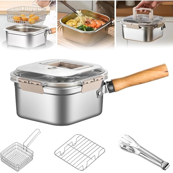 Ensemble de Cuisinières à Frire Multifonction - Friteuse, Cuiseur Vapeur et Lave-Légumes / Casserole Japonaise Profonde en Acier avec Panier / Casserole Portable pour Cuisson Extérieure/intérieure pour le Camping, la Cuisine et la Maison
