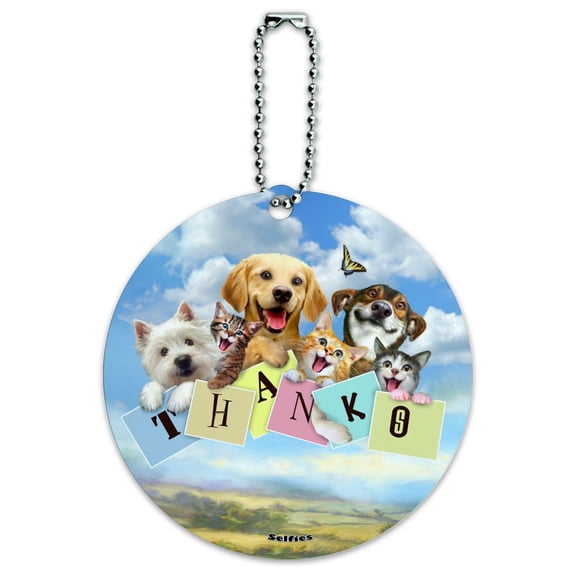 Dog and Cat Thanks Thank You Selfie Round Luggage ID Tag Card Suitcase Carry-On