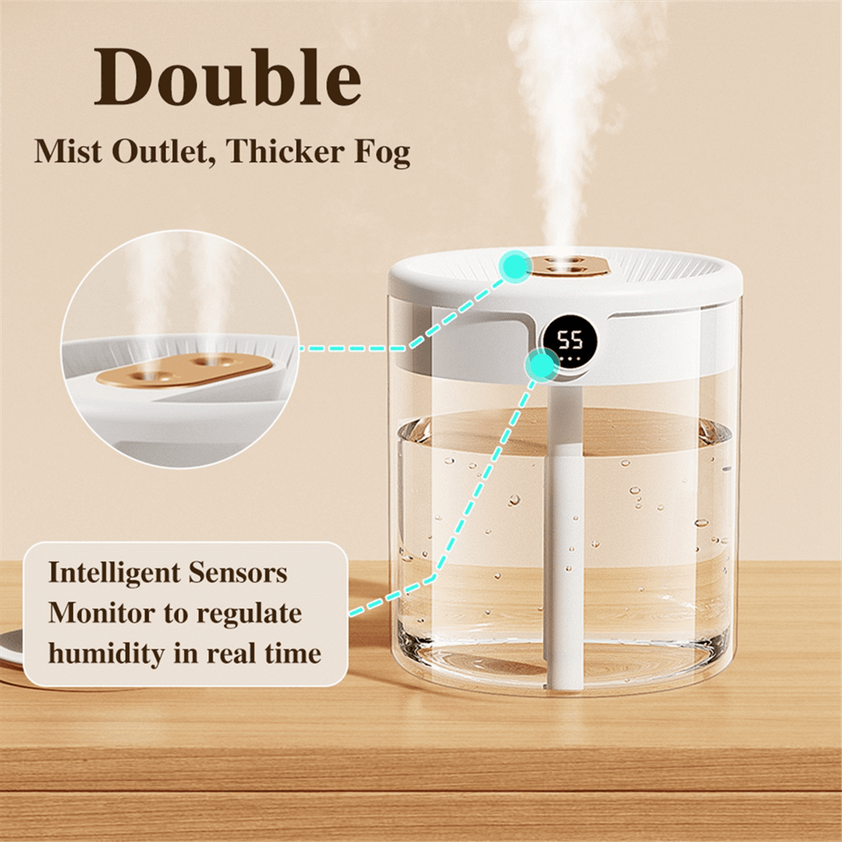 H2O Air Humidifier 2L Capacity Double Nozzle with LCD Humidity Display Essential Oil Diffuser Portable USB,White