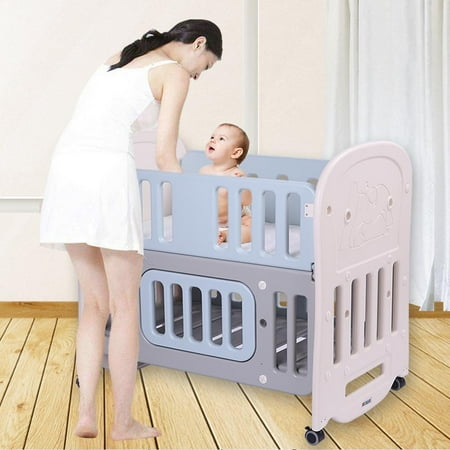 Babys First Christmas Cradle - JOYMOR Multi-function Baby Crib Animal Nursery Cradle Decor Newborn Gift Kids with Coir Mattress - Blue & White & Gray
