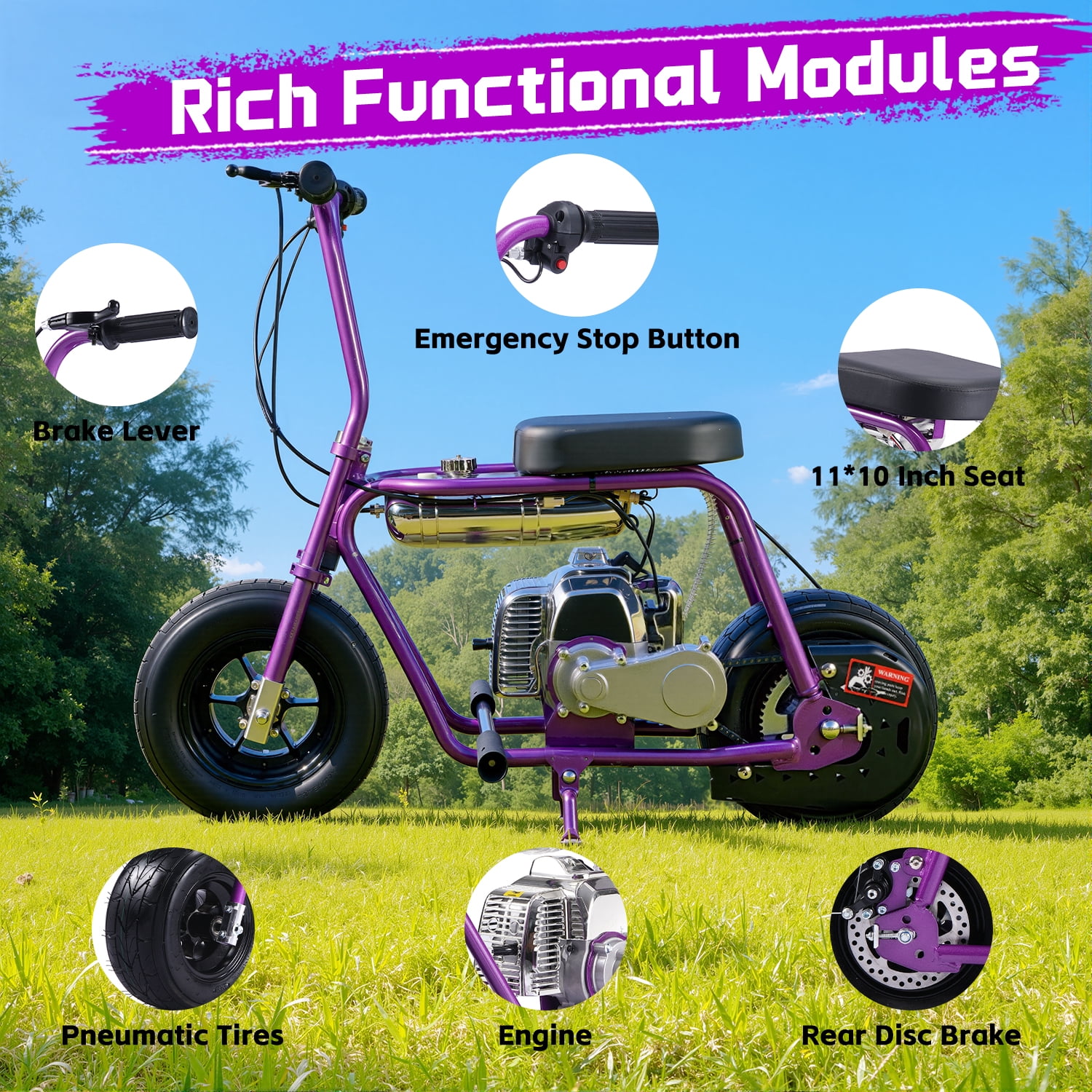 TOXOZERS 50cc Mini Bike, Gas-Powered Mini Dirt Bike with Extra-Wide Seat,Perfect Gift for Kids 8+,25 MPH & 150 LBS Capacity,Purple