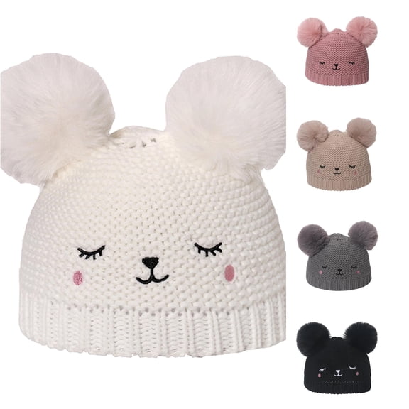 Krdevn Kids Winter Hand Knit Cartoon Bear Beanie Hat Double Pom Pom Ear Embroidery Stretch Ribbed Soft Warm Unisex Headwear for Toddler Boys Girls