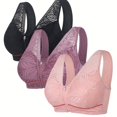 thumbnail image 1 of 3 Pack Plus Size Elegant Bras Set  Women‘s Plus Leaf Jacquard Lace Zipper Wide Strap Wireless Tank Bras Three Piece Set, 1 of 6