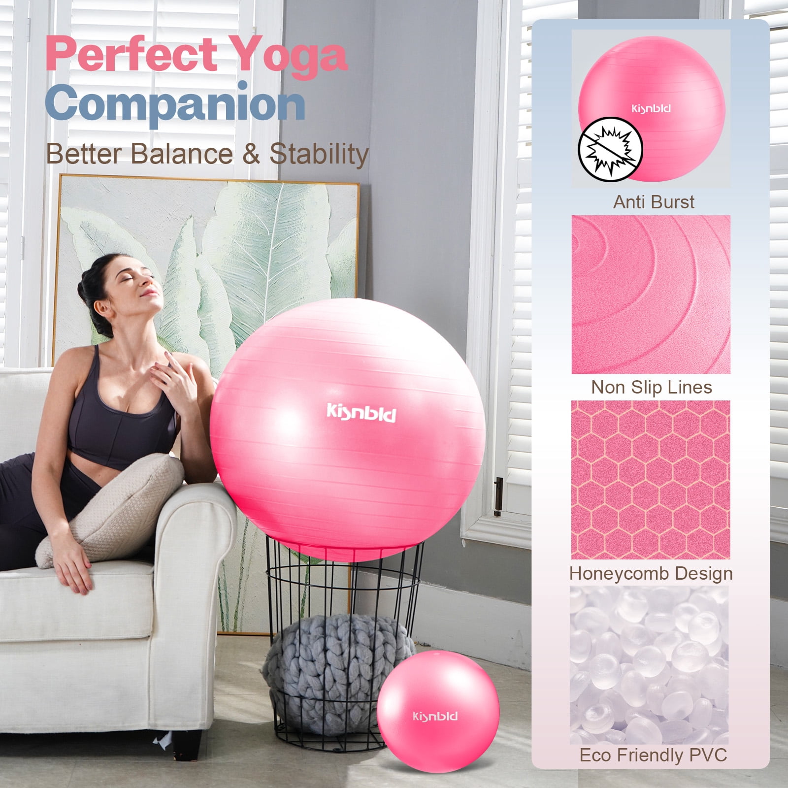 kisnbld Exercise Ball, Extra Thick Yoga Ball with Pilates Bal & Foot Pump, 3 Sizes Anti-Burst Home, Gym & Office Workout Equipment for Yoga or Sitting