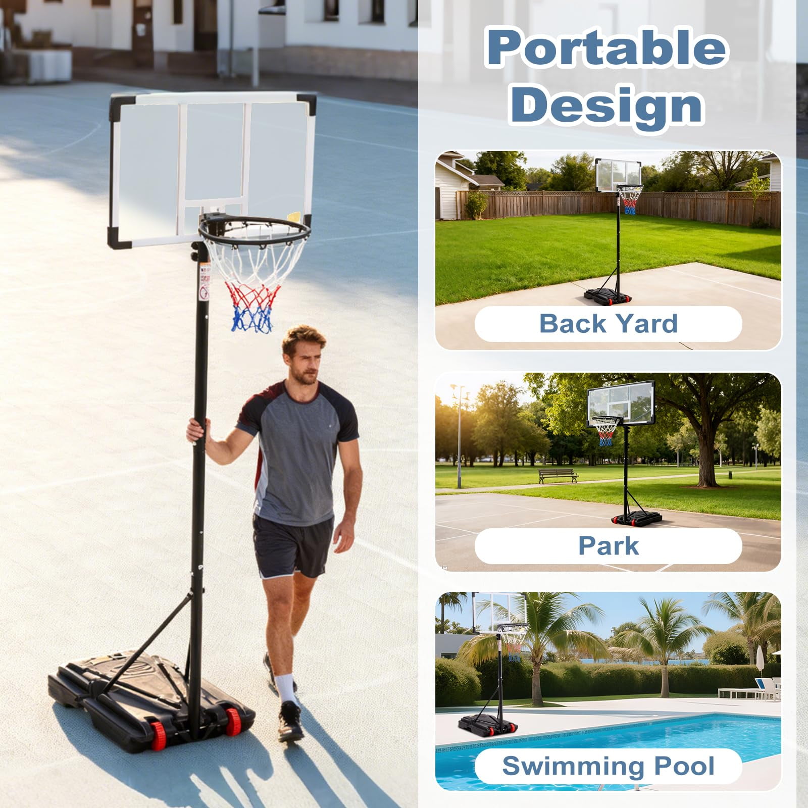 Atilioo Portable Basketball Hoop Stand with 44" Shatterproof Backboard, 5.08-8.53FT Adjustable Basketball Goal System, 2 Wheels, Fillable Base for Adults and Kids in Indoor/Outdoor, White