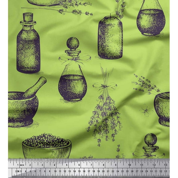 Soimoi Green Velvet Fabric Lavender,Bottle & Mortar And Pestle Kitchen Decor Fabric Printed Yard 58 Inch Wide