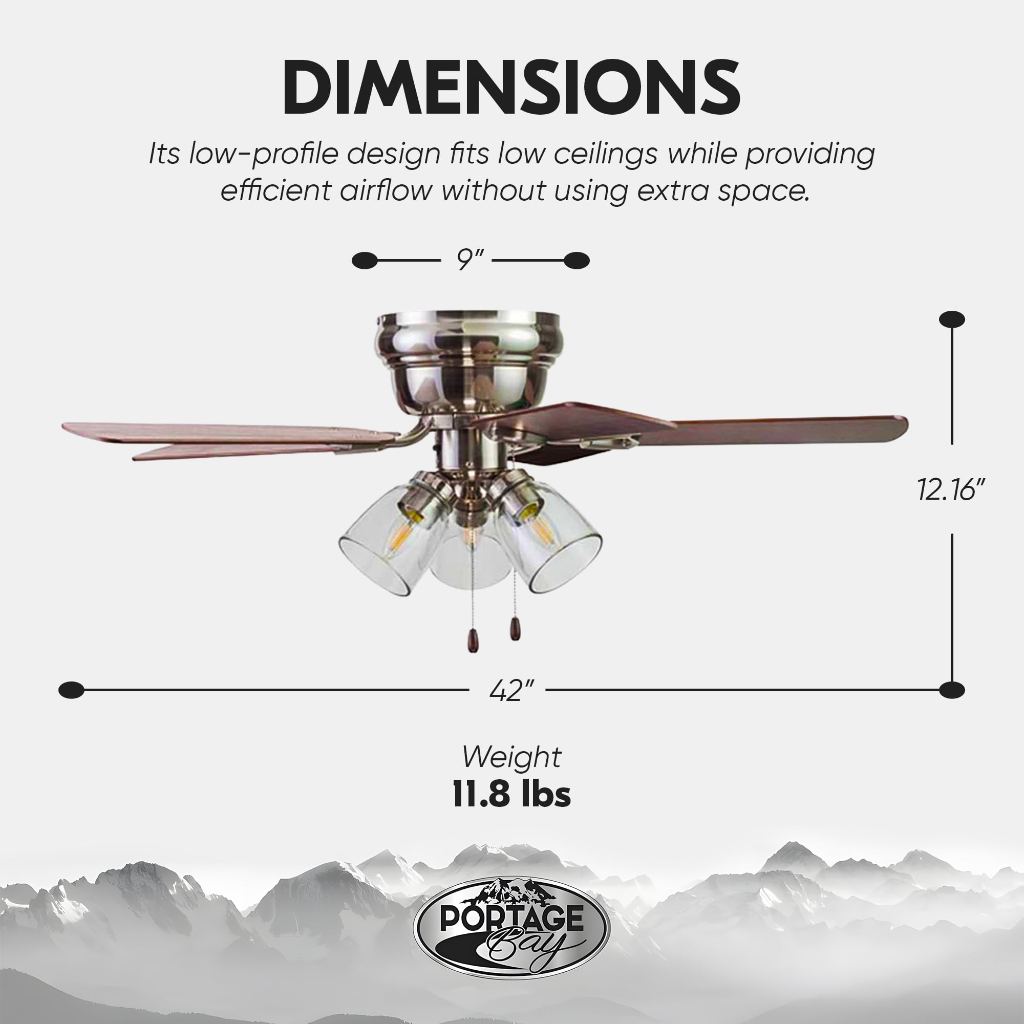 Prominence Home Renton 42'' Brushed Nickel E26 Flush Reversible Ceiling Fan with Light Kit and Pull Chain