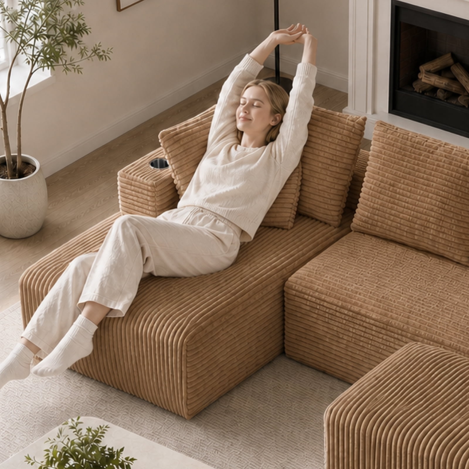 95'' 4 Seater Boneless L Shape Modular Sofa Couch with 4 Pillows, 2 Cup Holders and Ottoman