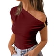 thumbnail image 2 of Women's Off Shoulder Asymmetrical Short Sleeve Top with Metal Buckle Detail, 2 of 9