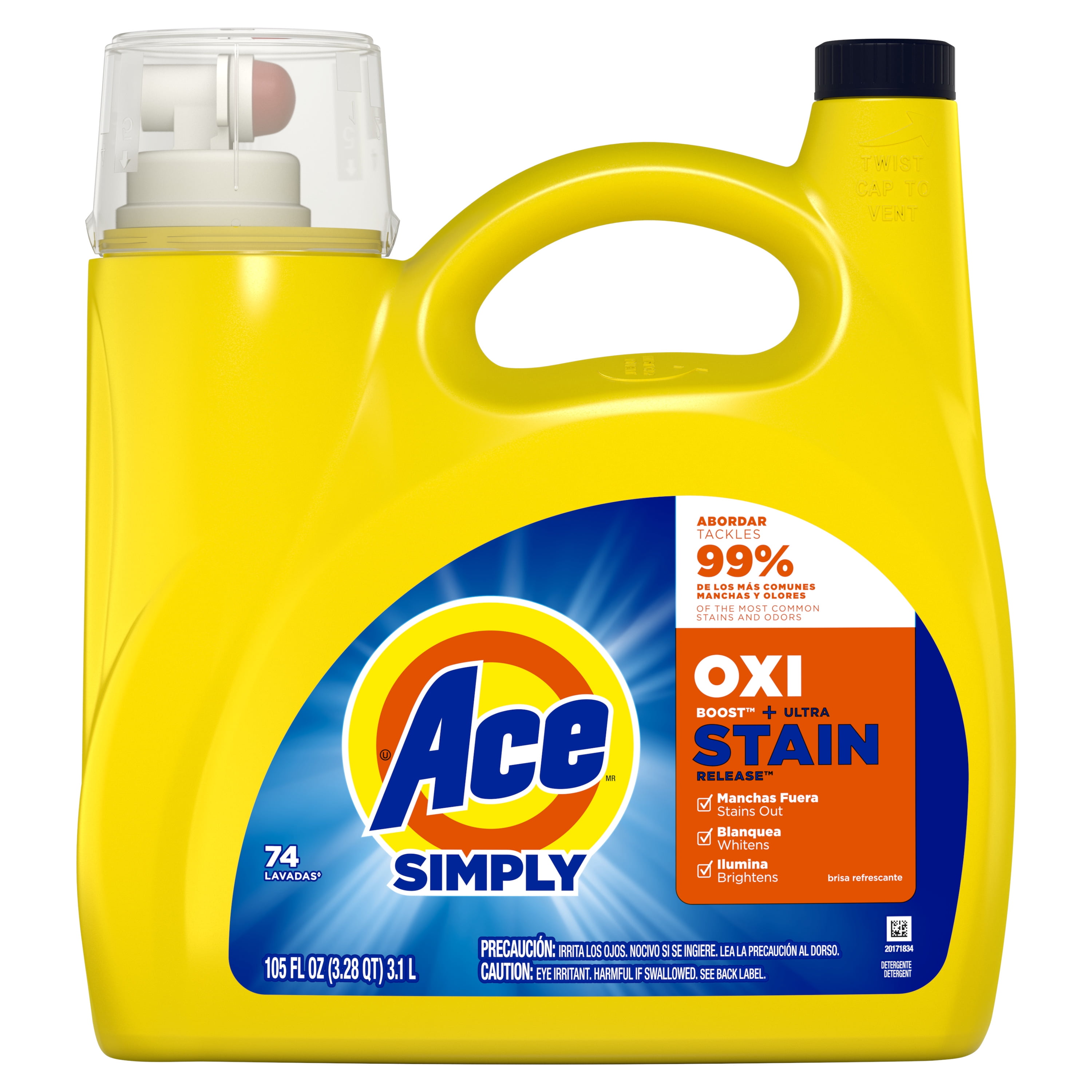 (3 pack) Ace Simply Oxi Boost Plus Ultra Stain Release Liquid Laundry Detergent, Refreshing Breeze, 74 Loads, 105 fl oz