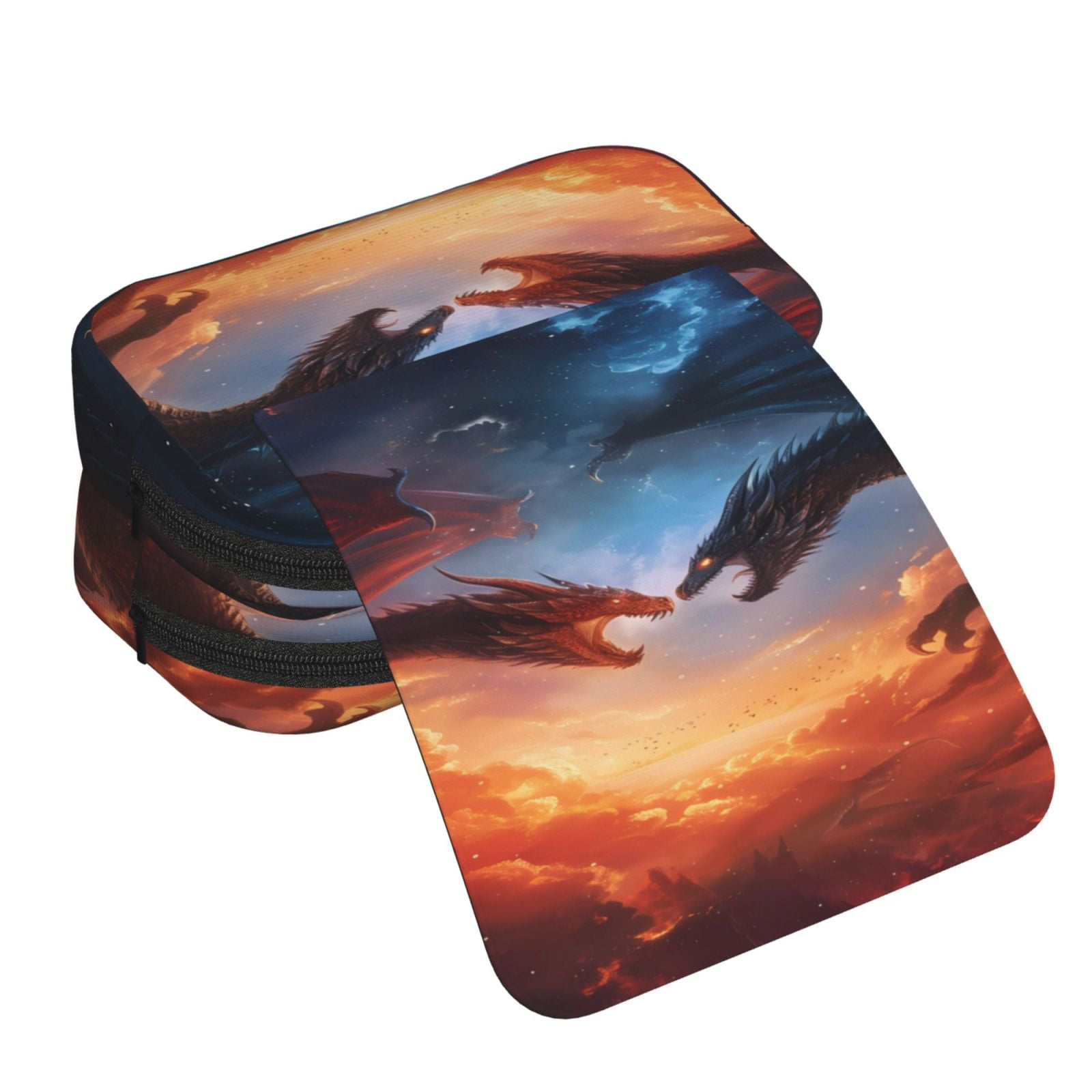 Rateoe Red And Blue Fire Cloud Dragon Pattern Double Clamshell Pen Case, Storage Organizer with Two Zipper Compartments– Holds Up to 50 Pencils & Pens