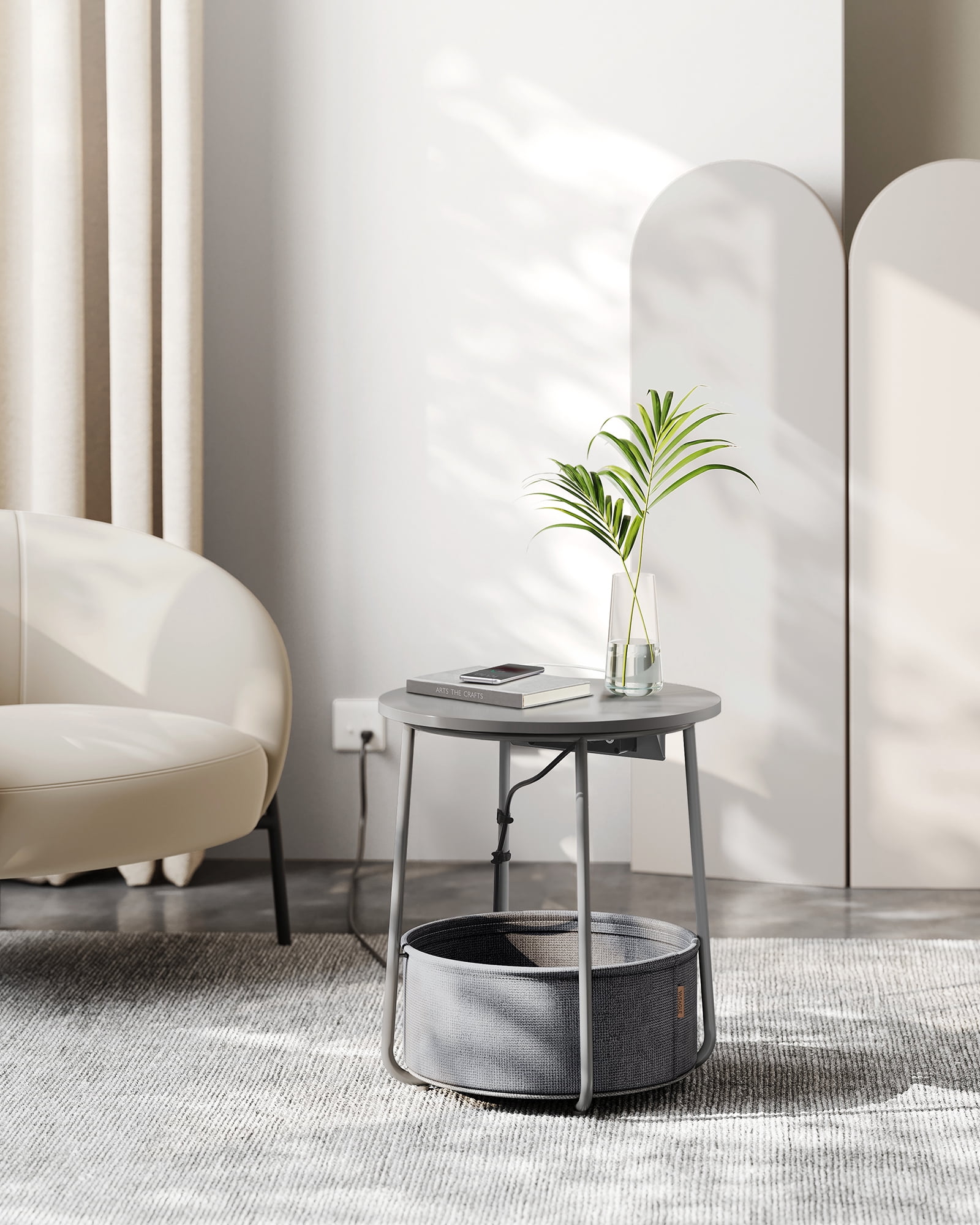 VASAGLE LILEA Collection - Side Table with Charging Station, Round End Table with Fabric Basket, Nightstand with USB Ports, for Living Room, Bedroom, Modern, Dove Gray and Slate Gray