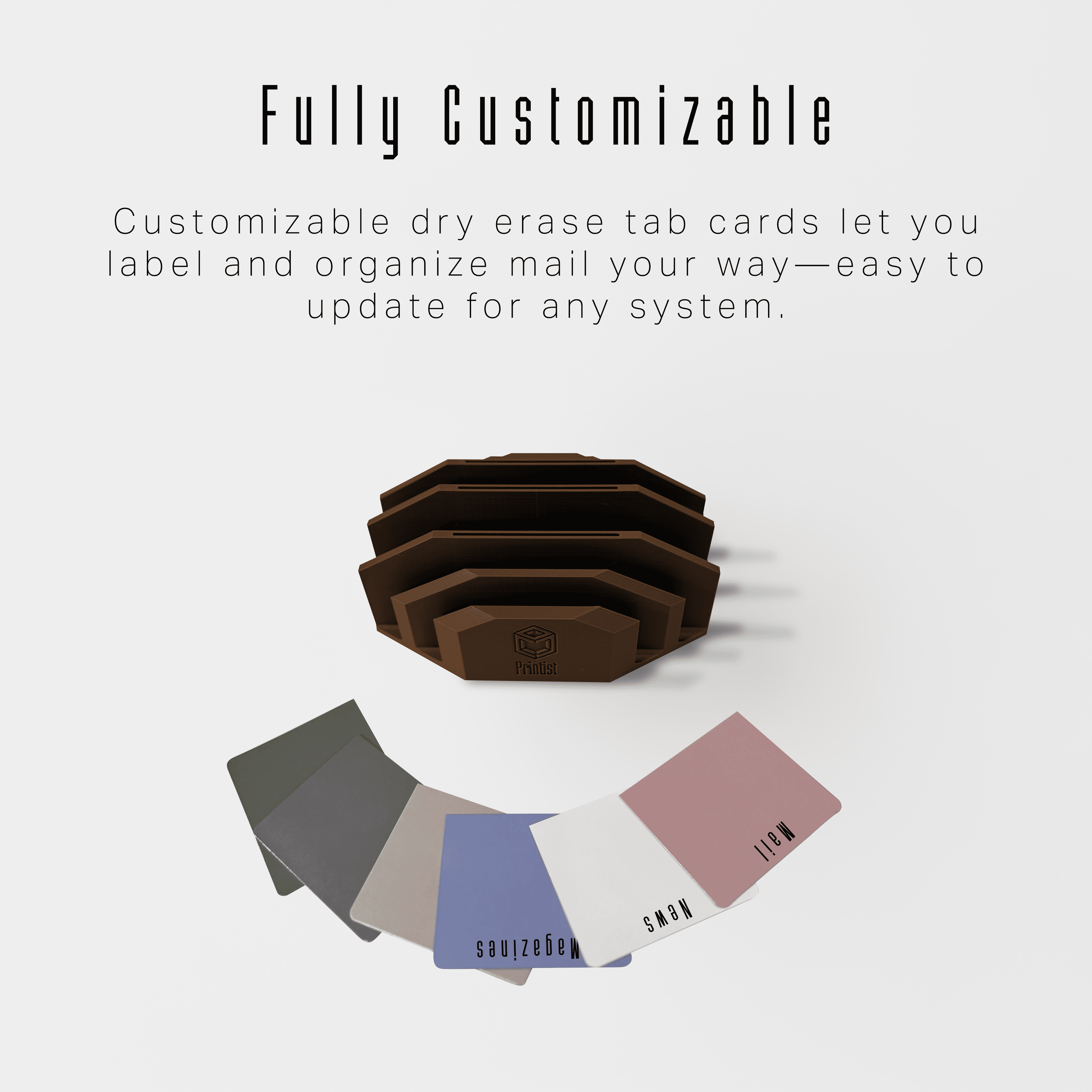 Modern Minimalist Mail Organizer (Coffee Brown) – Compact Desk Mail Holder with Tabs & Small Storage– 3D Printed in Multiple Colors